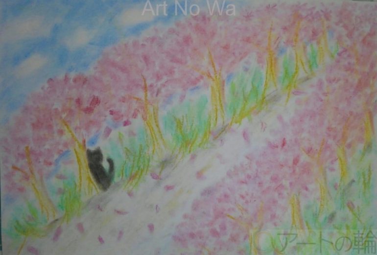 桜並木と猫
