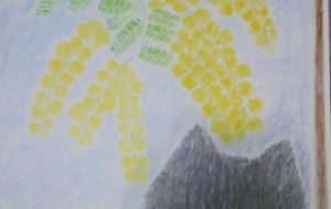 ミモザの絵を見る猫 - かいこ