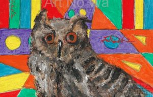 カラフルな背景のフクロウ - 阿部貴志