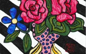 白黒のシマシマの背景の薔薇のある花瓶 - 阿部貴志