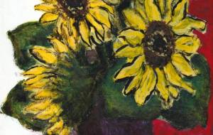 紫の花瓶の四輪の向日葵 - 阿部貴志