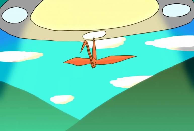UFOに持っていかれる折り鶴