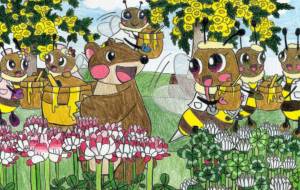 お花畑のみつばちたちとクマさん - SAYAKA