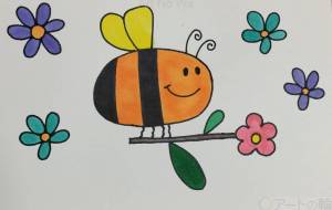 手描きイラスト ミツバチ 花 - まはろ 