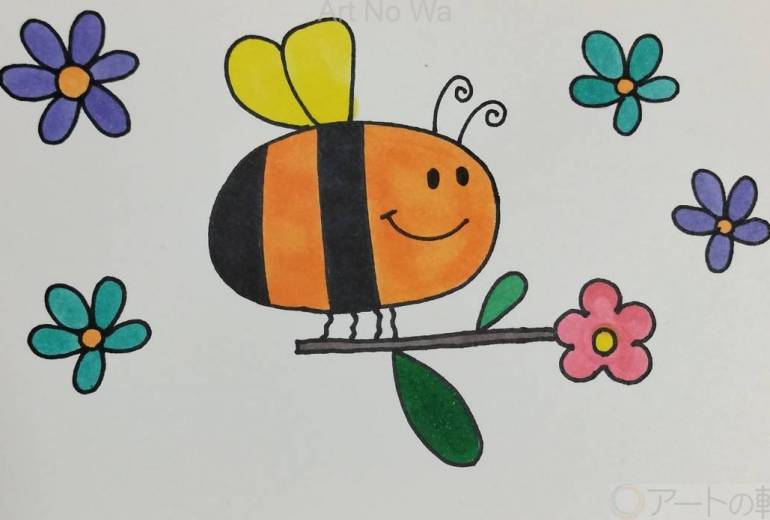 手描きイラスト ミツバチ 花