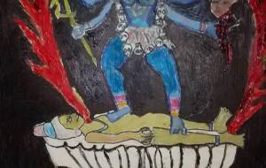 カーリー女神、夫シヴァ神の上でダンスをする。骸骨をネックレスにして人間の腕をスカートにしている恐怖の女神 - 大野貴士 