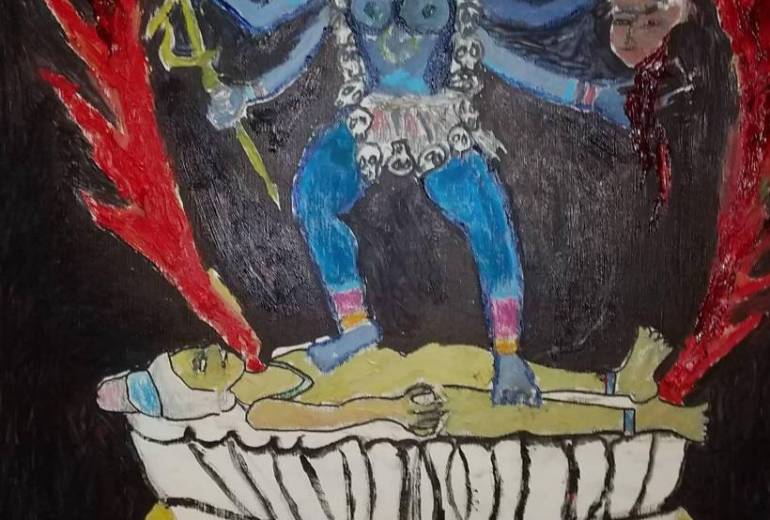 カーリー女神、夫シヴァ神の上でダンスをする。骸骨をネックレスにして人間の腕をスカートにしている恐怖の女神