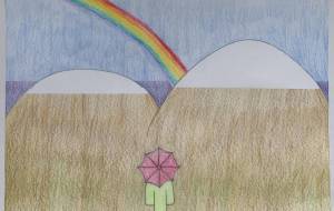 雪山の前で虹を見ながら傘をさす少女 - とくみ 