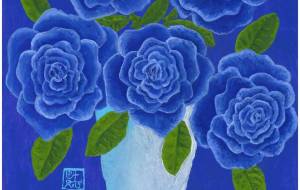 青の背景の青い薔薇の花瓶 - 阿部貴志 