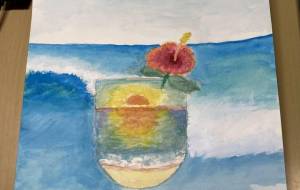 青い海とグラスの中の夕日 - 柴田 和子 