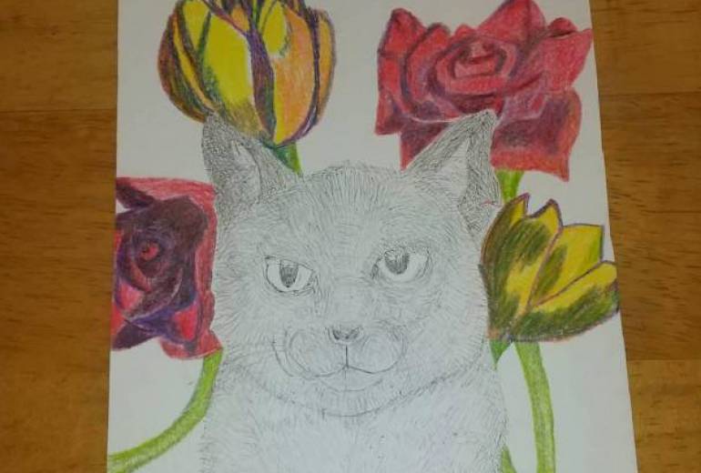 モノクロ猫と花たち