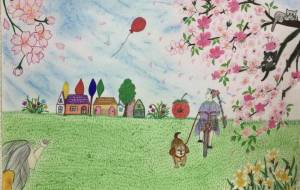 犬と散歩と桜 - 赤﨑ゆみ子 