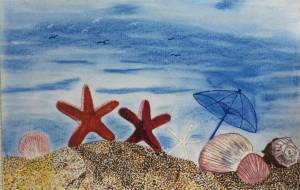 青空に広がる砂浜とヒトデと貝 - 赤﨑ゆみ子