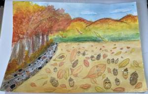 落ち葉で遊ぶドングリ - 柴田 和子