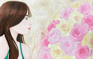 薔薇を眺める美女 - 岩本 麻希