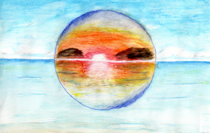 青い海とガラスの夕日 - 柴田 和子