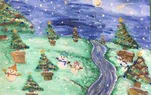 夜のクリスマス「ツリーと雪だるま」 - 三島礼子 