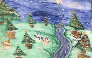 夜のクリスマス「ツリーと雪だるま」 - 三島礼子