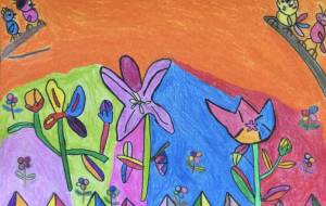 カラフルな花と小鳥 - 中島拓哉