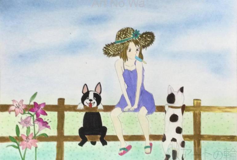 夏の広場の少女と犬