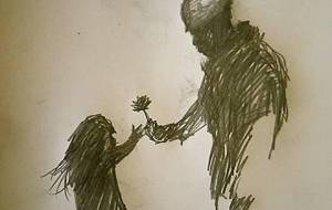 黒人兵士、戦地の女の子に花をプレゼント - 真鍋哲地