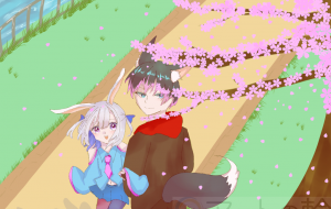 桜の花見（オリキャラ　うさぎ少女＆きつね少年） - 雪兎 