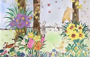 草原に咲く水仙とネコ - 赤﨑ゆみ子