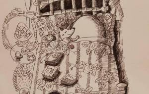 ペン画 2 おおきなたまごと仲良く眠っている犬 - 伊藤無垢