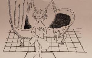 ペン画　４　お風呂に入って汚れを落としたら、自分が天使だとわかってびっくりしている天使 - 伊藤無垢 