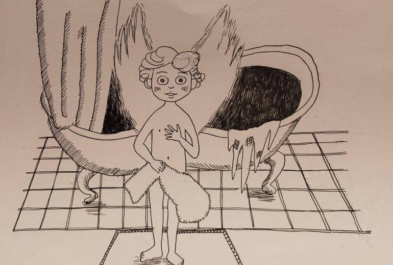 ペン画　４　お風呂に入って汚れを落としたら、自分が天使だとわかってびっくりしている天使