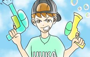 ウォーターガンとバブルガンを持つ少年 - 金垣魯文