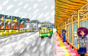 冬の駅前のバス停 - チリイラスト 