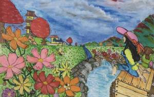 親子の足湯とコスモス花畑 - 三島礼子