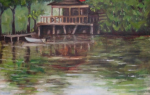 ボートのある池の風景 - 島津康雄