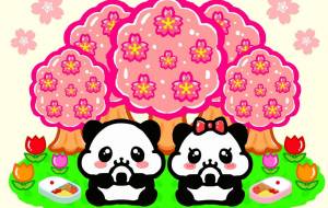 桜の木の下でお花見するパンダのイラスト - 佐久間ゆきこ