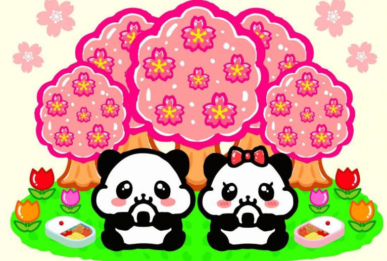 桜の木の下でお花見するパンダのイラスト - 佐久間ゆきこ 