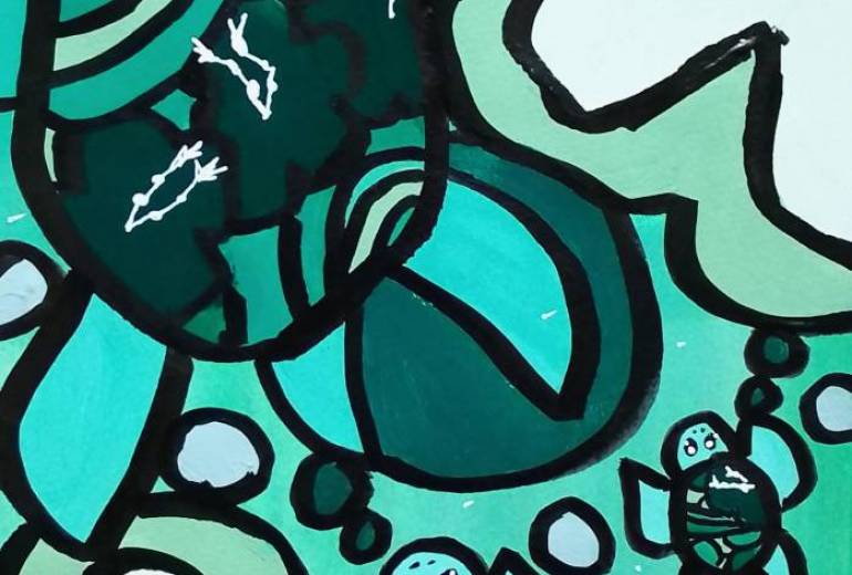 親子ガメと不思議な海に咲くハイビスカス