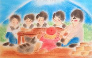 富士山の前で日本の幸せについて語る人々 - naomi