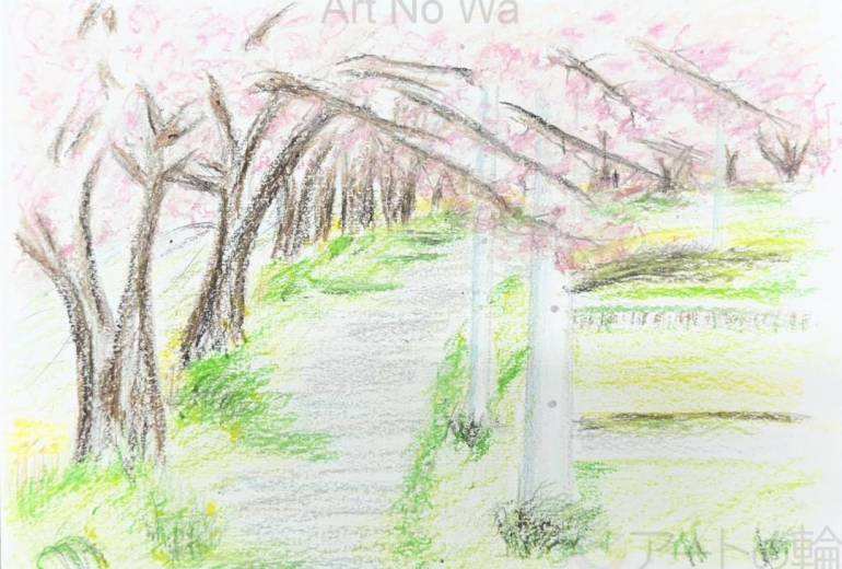 青白い電信柱と桜並木