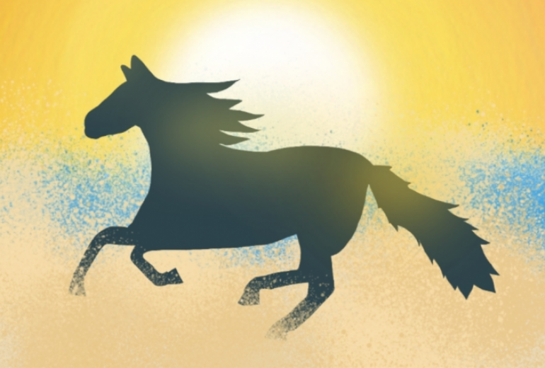 新しいとし朝日と共に走る馬