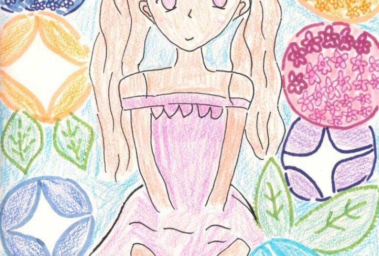 朝顔と紫陽花に囲まれた少女