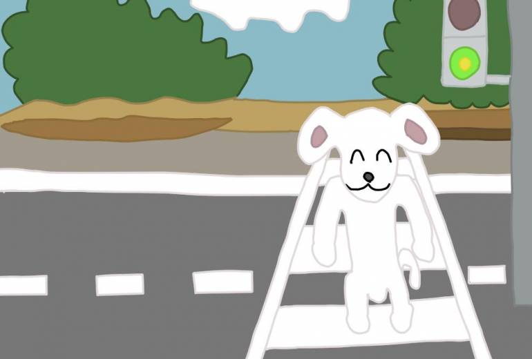 犬が交差点を歩いている所