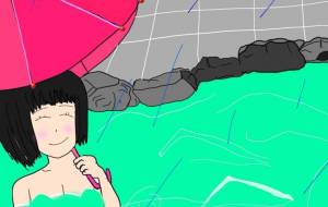 傘を刺しながら雨の中の温泉 - 暁月ゆずき