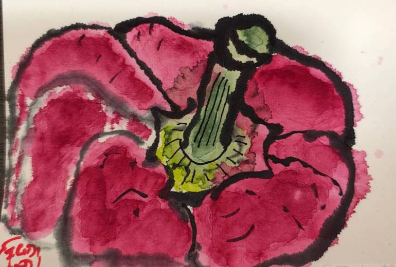 赤パプリカ　顔彩　絵手紙