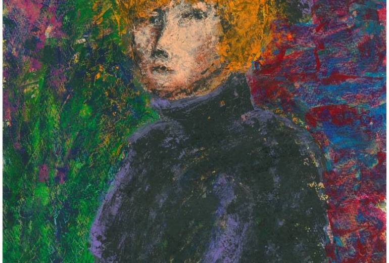 想像で描いた紫がかった黒い服の女性