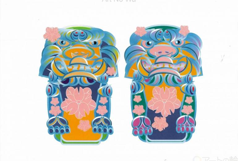 カラフル狛犬と八重桜