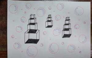 積み上げられた箱とシャボン玉 - 佐野舞香 