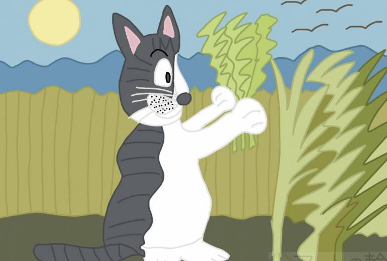 猫が稲刈りをしている所