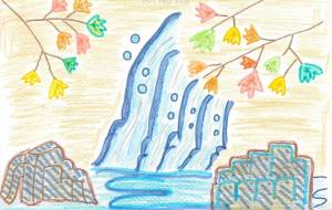 秋の紅葉と滝 - ねむねむちゃん 