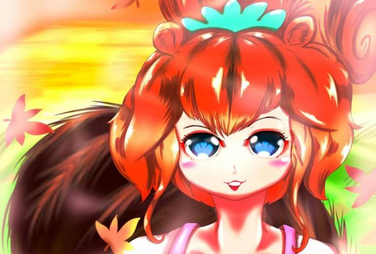 秋の夕日とリス